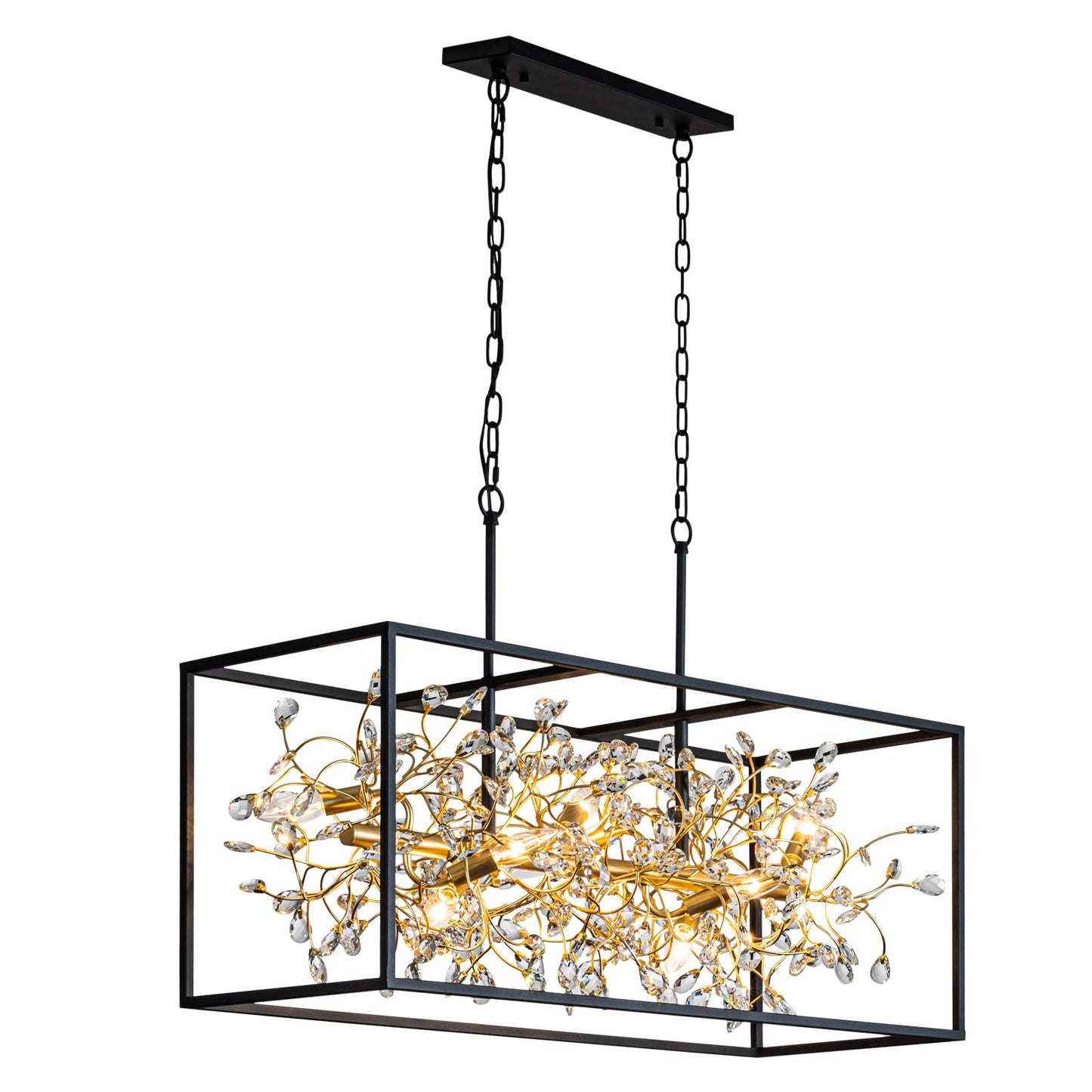 Vezzio Black and Gold Crystal Chandeliers for Dining Room, 8-Light Rectangle Modern Farmhouse Light Fixture, L38.5 in Adjustable Linear Chandelier Kitchen Island