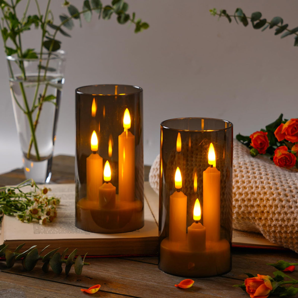 2 Pack 3D Wick Flameless Taper Candles, Gray Transparent Acrylic Cover LED Flickering Candle Lights, Remote Control Battery Operated Electric Candles for Home Wedding Christmas Party Table Decor.