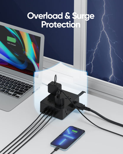 Surge Protector Power Strip, Olcorife Ultra Thin Flat Plug Extension Cord 5ft, 8 Outlets 4 USB Ports(1 USB C), Flat Wall Plug Outlet Extender, College Dorm Room Essentials, Black
