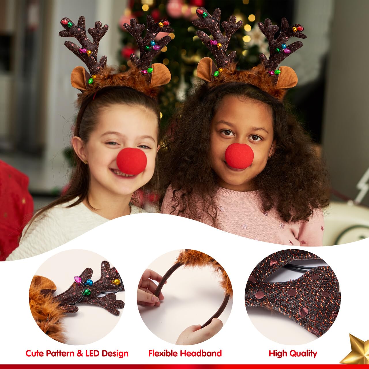JOYIN Christmas 2PCS Reindeer Headband, Light-Up LED Antlers Reindeer Hat Holiday Headbands for Christmas Party Supplies and Holiday Parties Favors (ONE SIZE FITS ALL)