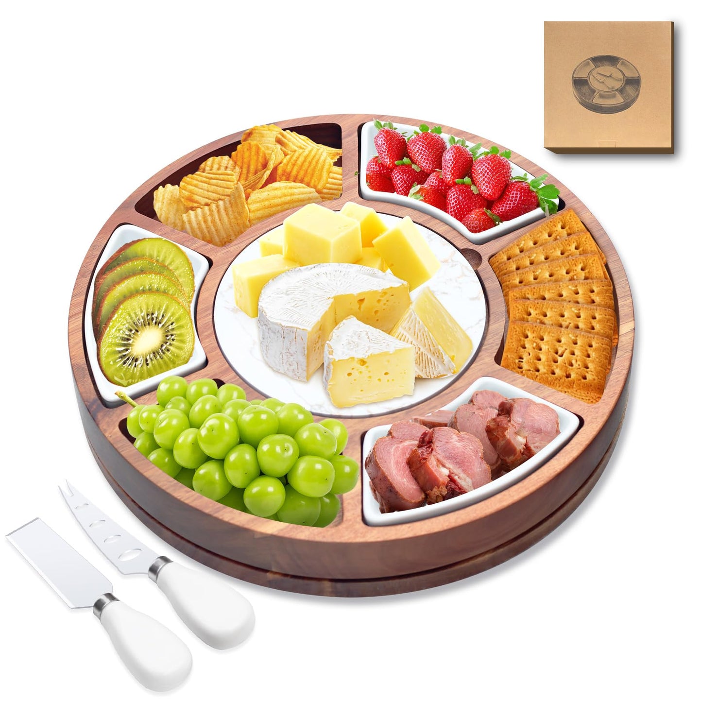 360° Rotating Lazy Susan Cheese & Charcuterie Board Set - 13.5" Acacia with Built-in Slate Chiller, 3 Ceramic Bowls & 2 Cheese Knives - Housewarming, Birthday & Wedding Gift