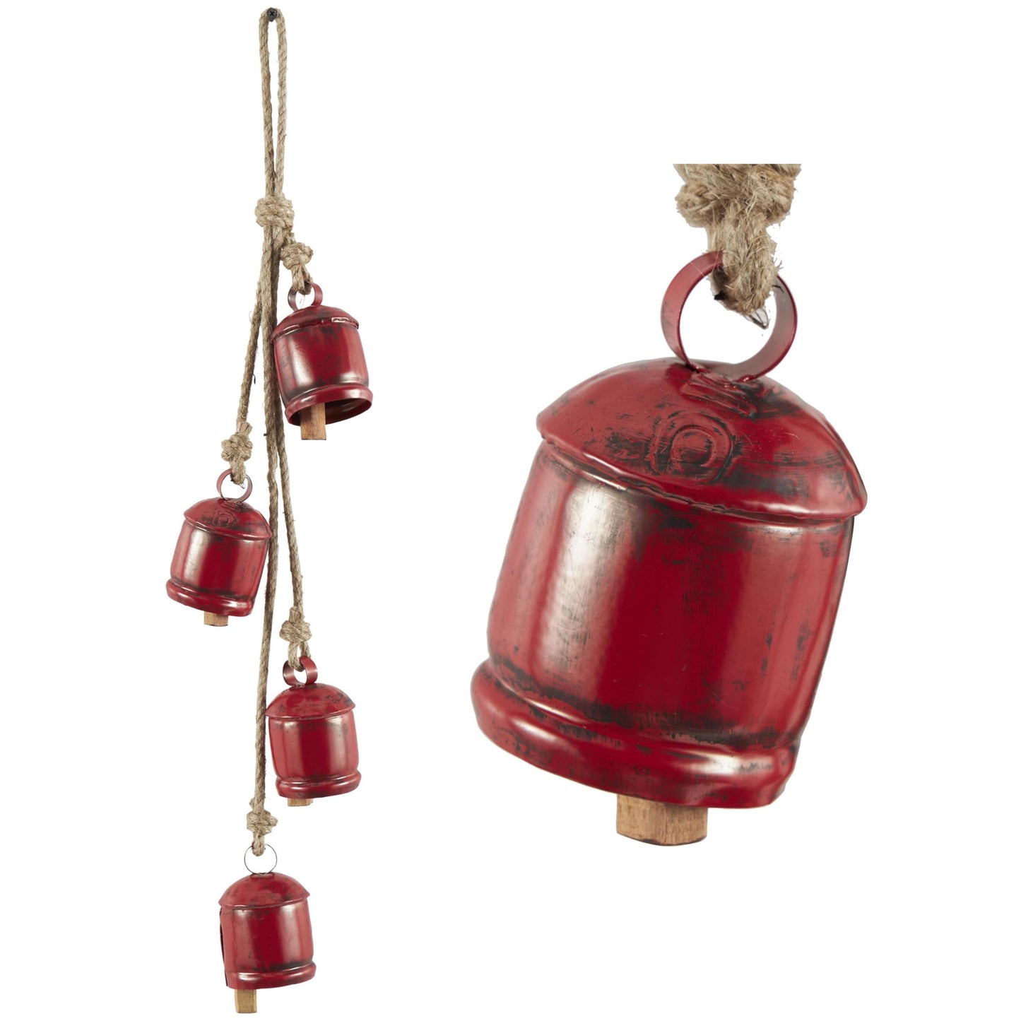 Deco 79 Metal Indoor Outdoor Decorative Cow Bells Tibetan Inspired Cascading Meditation Bell with 4 Bells on Jute Hanging Rope, Cow Bell 3" x 3" x 27", Red