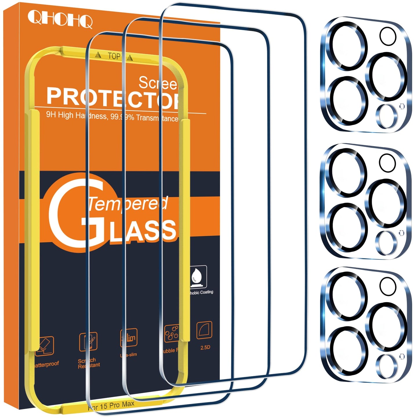 QHOHQ 3 Pack Screen Protector for iPhone 14 Pro 6.1 Inch with 3 Pack Tempered Glass Camera Lens Protector, Ultra HD, 9H Hardness, Scratch Resistant, Case Friendly