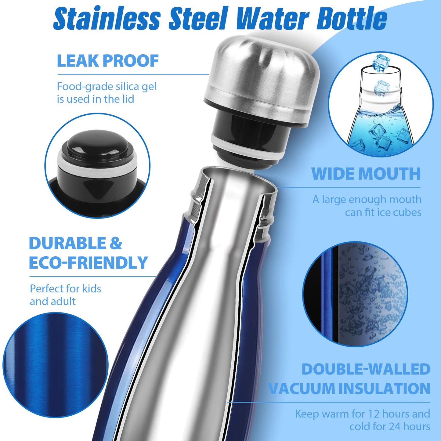Sfee Insulated Water Bottle, 17 oz Stainless Steel Water Bottles, Double Wall Vacuum Reusable Water Bottles Leak Proof BPA-FREE Sports Bottle Cup Keep Hot&Cold for Running Gym Workout Cycling Kids