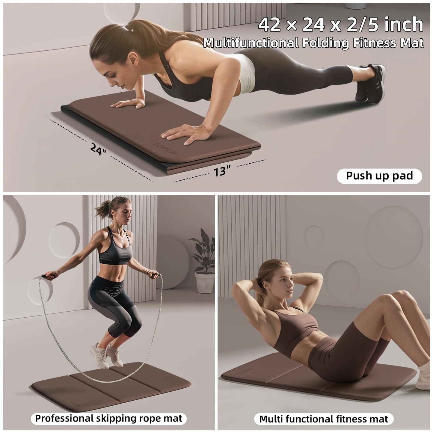 Foldable Exercise & Yoga Pad for Gym or Home Use, 1.2" Thick Eco-Friendly Kneeling Pad & 14"x24" Push Up Mat for Man Woman Kids, Non-Toxic POE Kids Play Mat, Lightweight Gym Cushion for Yoga, Pilates (Dark brown+black)