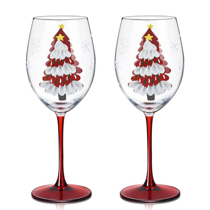 Joeyan Christmas Crystal Red and White Wine Glasses,Hand Painted Glass Goblet Drinking Glasses,Red Xmas Tree and Snowflakes Patterned Glass Tumbler Cups with Stem,Gift for Men Women,19.5 oz,Set of 2