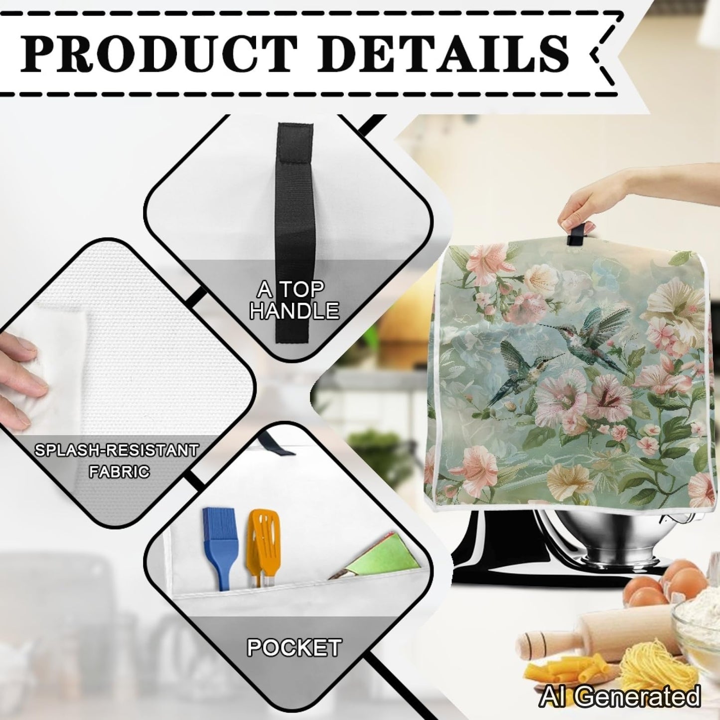 YUVAMAGIMO Floral Hummingbird Foldable Portable Mixer Cover | Dust Protector with Handle & Pocket | 6-8 Quart Kitchen Appliance Protector for Home Decor