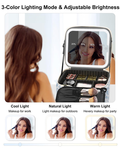 Relavel Travel Makeup Bag With LED Mirror, Cosmetic Train Case with Light up Mirror, Portable Makeup Artist Organizer Bag with Adjustable Dividers, Makeup Brush Holder Storage, Black