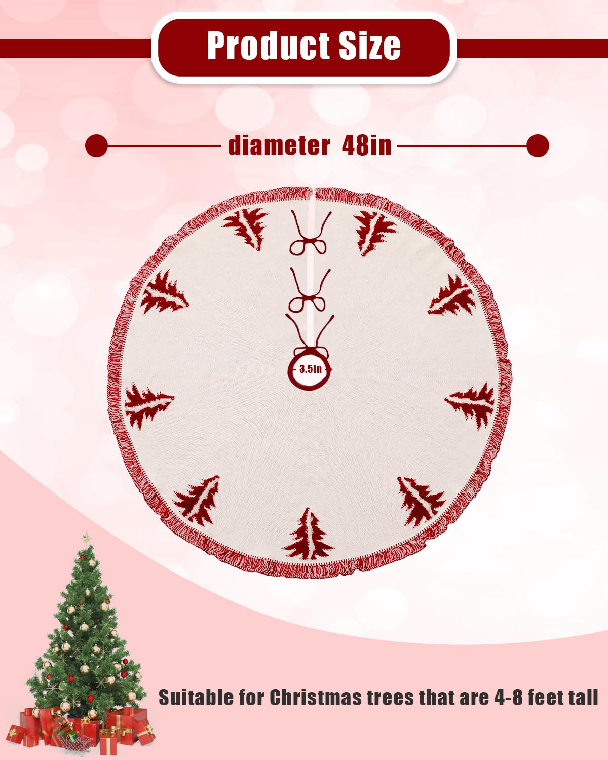 Christmas Tree Skirt, Christmas Decorations, 48 Inch Knitting Retro Xmas Tree Skirt Décor Skirt for 6/7 ft Trees (White with Red)