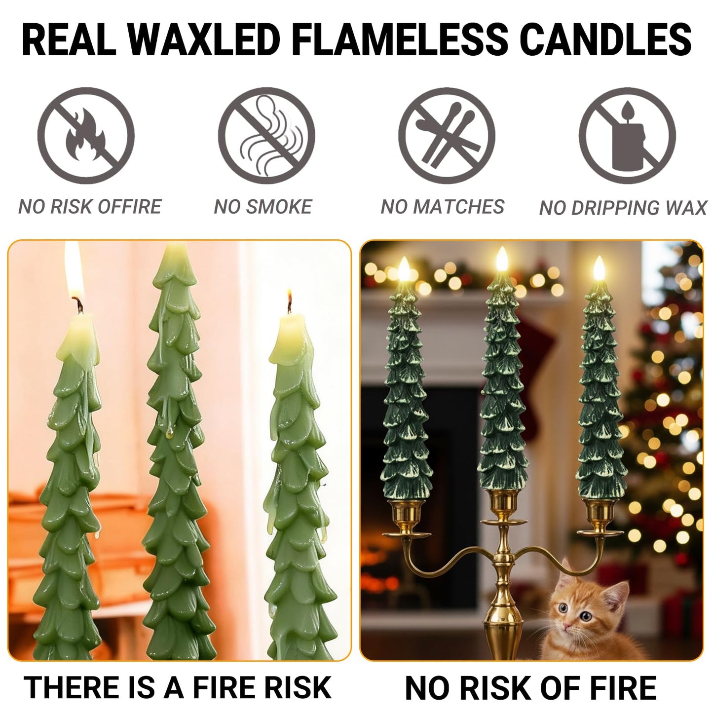 FYBW Christmas Tree Flameless Taper Candles with Remote Timer,4 Pcs Green LED Taper Candles with 3D Flame for Holiday Decorations (Snowy Green B)