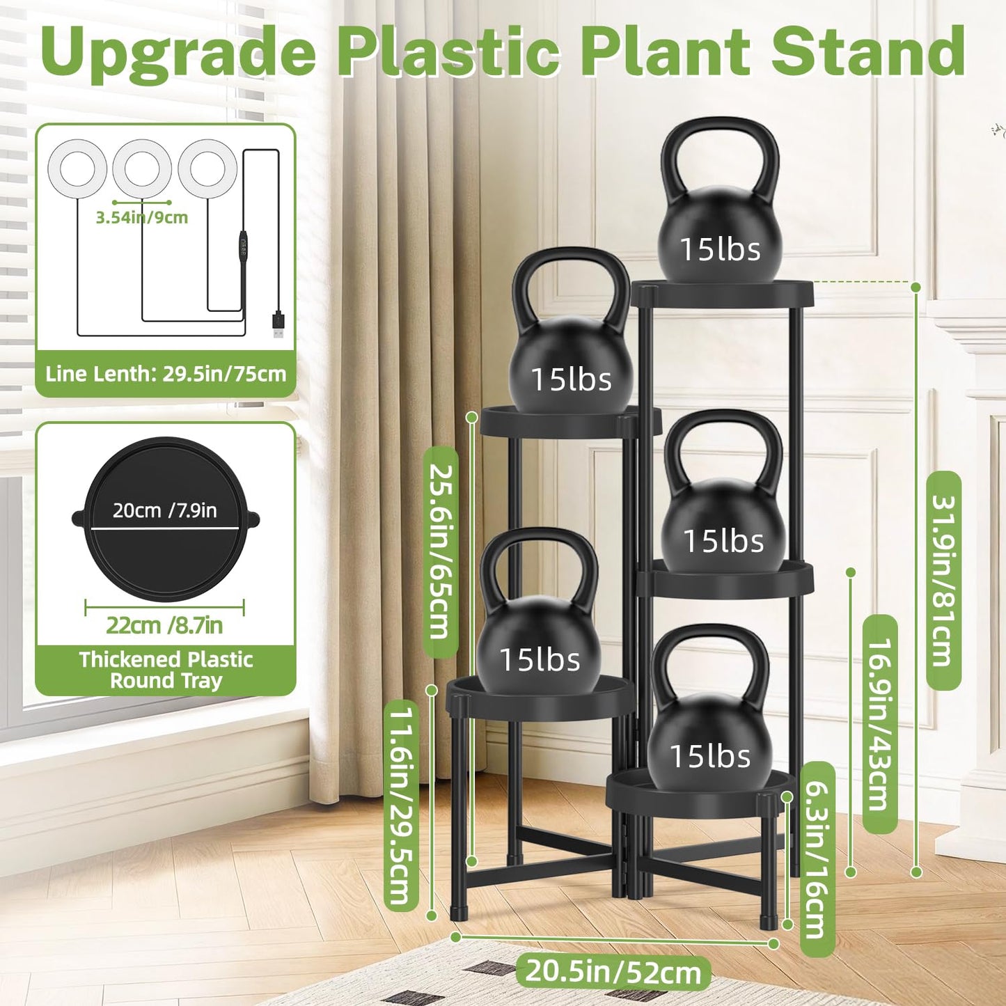 iDavosic.ly 5 Tier Folding Plant Stand Indoor Outdoor with Grow Light, Tiered Corner Flower Holder Shelf with Plastic Tray, Metal Orchid Display Rack for Patio Porch Living Room Garden Balcony, Black