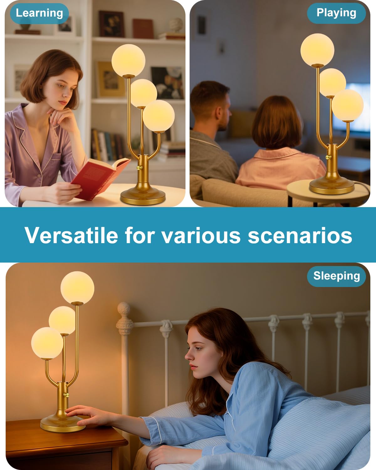 ACOHOOK Modern Gold Globe Table Lamp Dimmable Mid Century 3-Light Desk Lamp 3000K Warmwhite Nightstand Lamp for Bedroom Bedside End Table(G9 Bulb Included)