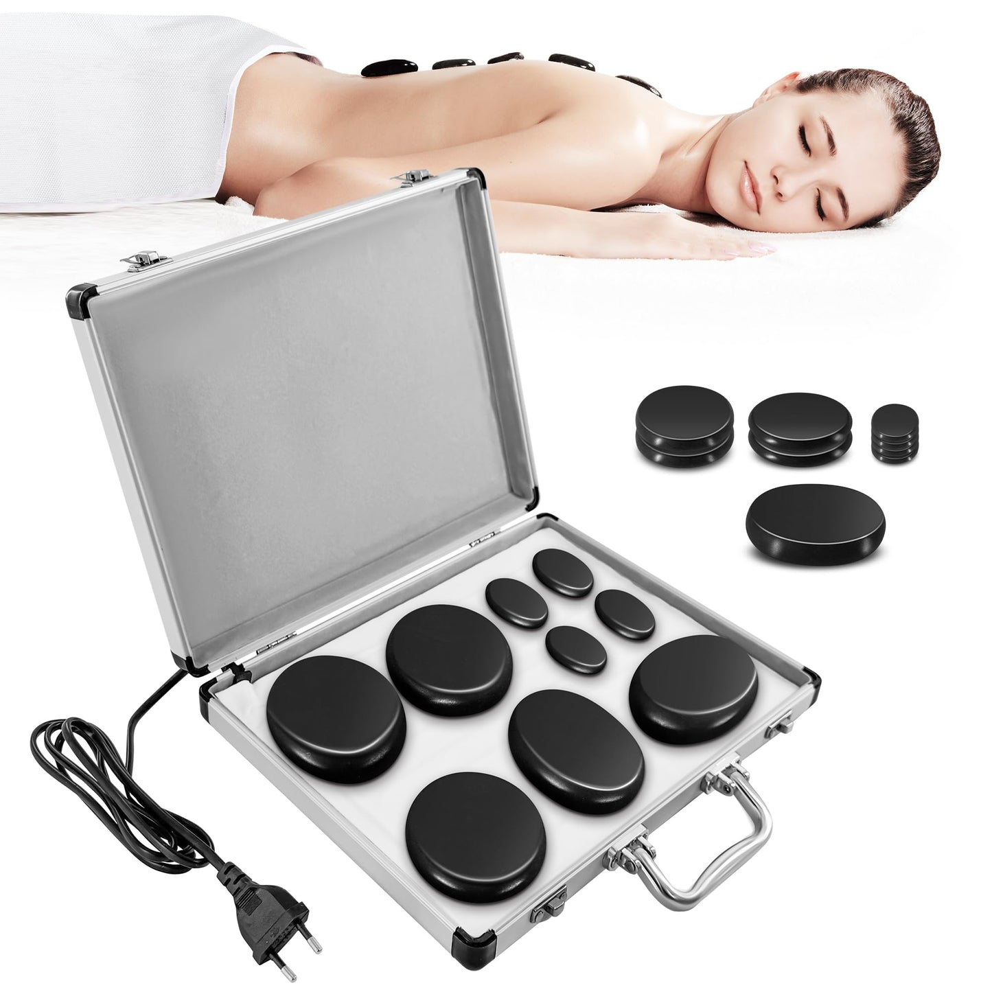 Loyala Hot Stone Massage Set, Portable Hot Stones Massage Warmer Kit with Heating Box, Hot Rocks Basalt Stones with Heater for Home Spa Warming Therapy Relaxing (Black, 9 Pcs)