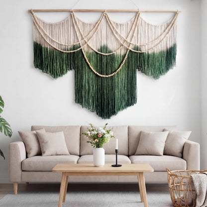 CrystalSylara Large Macrame Wall Hanging Boho Wall Decoration Art, 57" W x 43" L Green & Cream Fiber Dip-dyed Tapestry Handwoven Fiber and Wood Beads Decor for Bedroom Living Room Home Decor