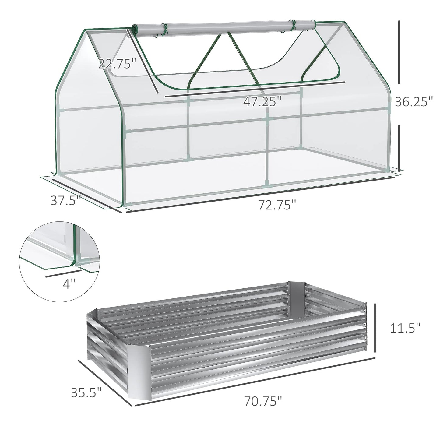 6' x 3' Galvanized Raised Garden Bed with Mini PVC Greenhouse Cover, Outdoor Metal Planter Box with 2 Roll Up Windows for Growing Flowers, Fruits, Vegetables and Herbs, Silver