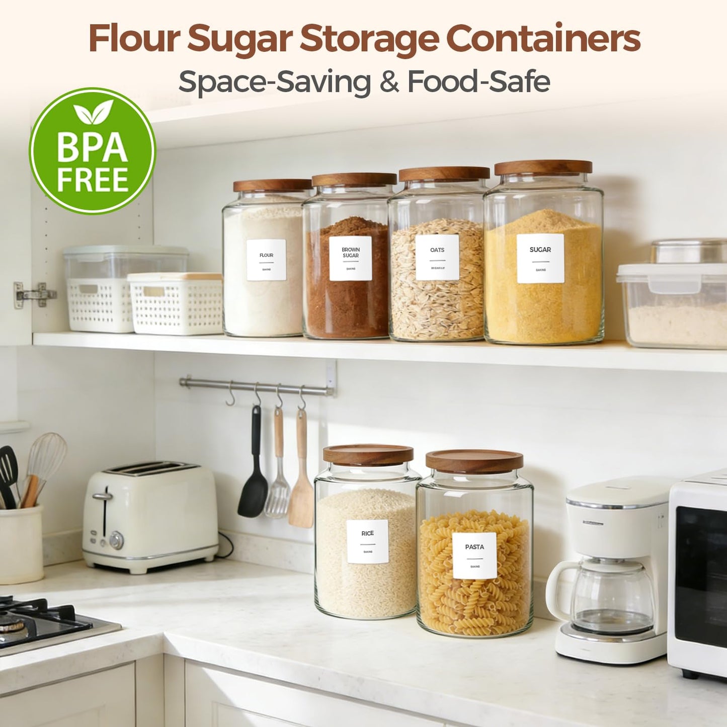ComSaf 2Pcs (4.2Qt) Wide-Mouth Flour Sugar Storage Containers - Include Scoops & Labels, Easy to Scoop & Airtight, Large Glass Jar for Bakers to Store Bulk Flour, Rice, and Dry Goods in Kitchen Pantry