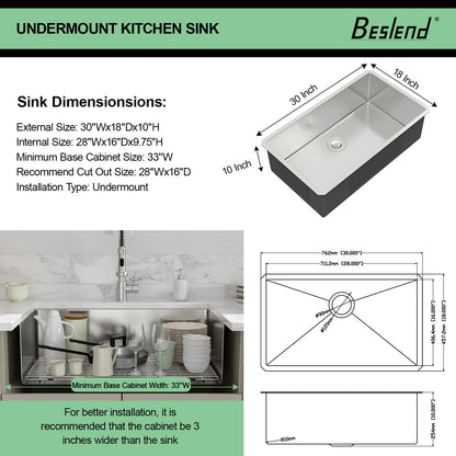 30 Inch Undermount Kitchen Sink - Beslend 30x18x10 Inch Undermount Stainless Steel Kitchen Sink 16 Gauge Single Bowl Round Corner Under Counter Basin