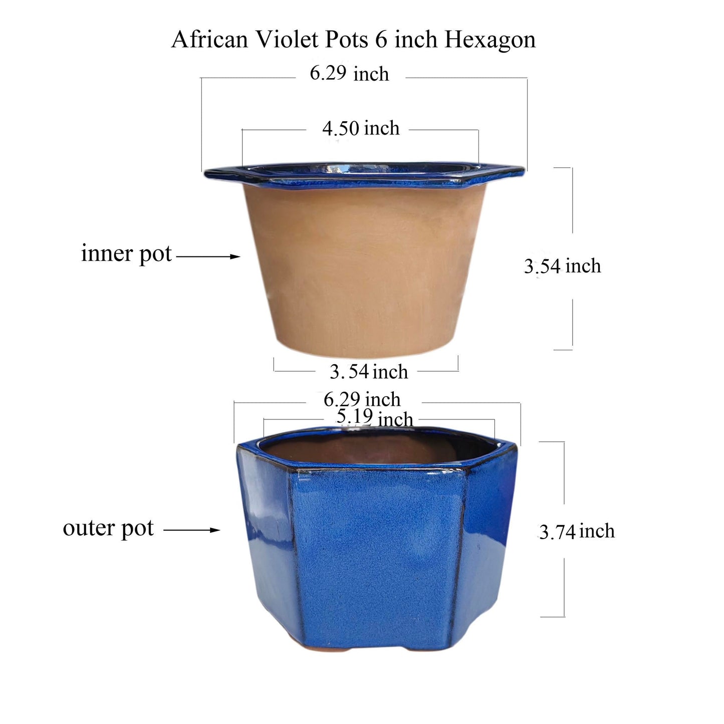 Dphagesy African Violet Pots 6 inch Hexagon Self-Watering Ceramic Violet Pots 4.50'' Opening (Blue)