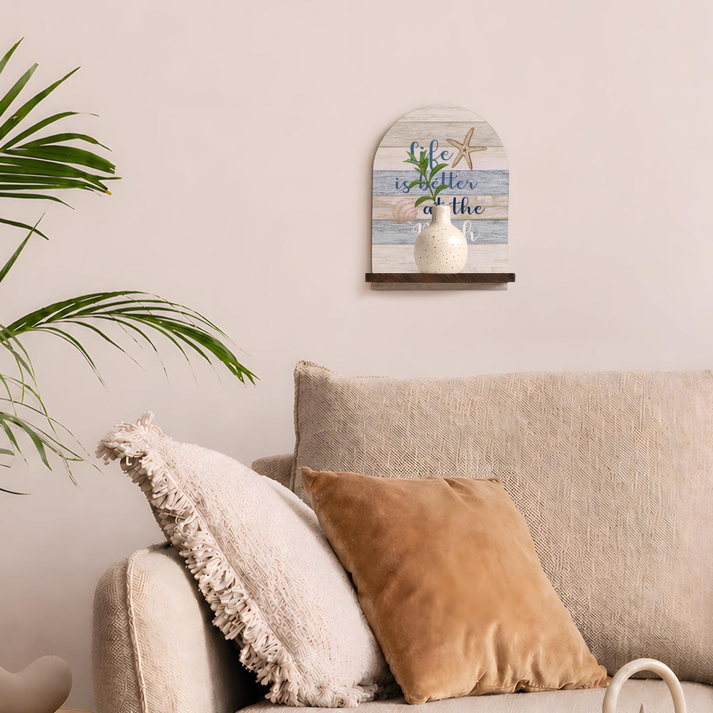 GWFSJYU Coastal Beach Arched Wall Shelf Decor, Nautical Theme Wooden Floating Shelves, Life is Better at the Beach Gifts Hanging Wall Shelves Decor for Bathroom Living Room Kitchen, 9.45x7.09In