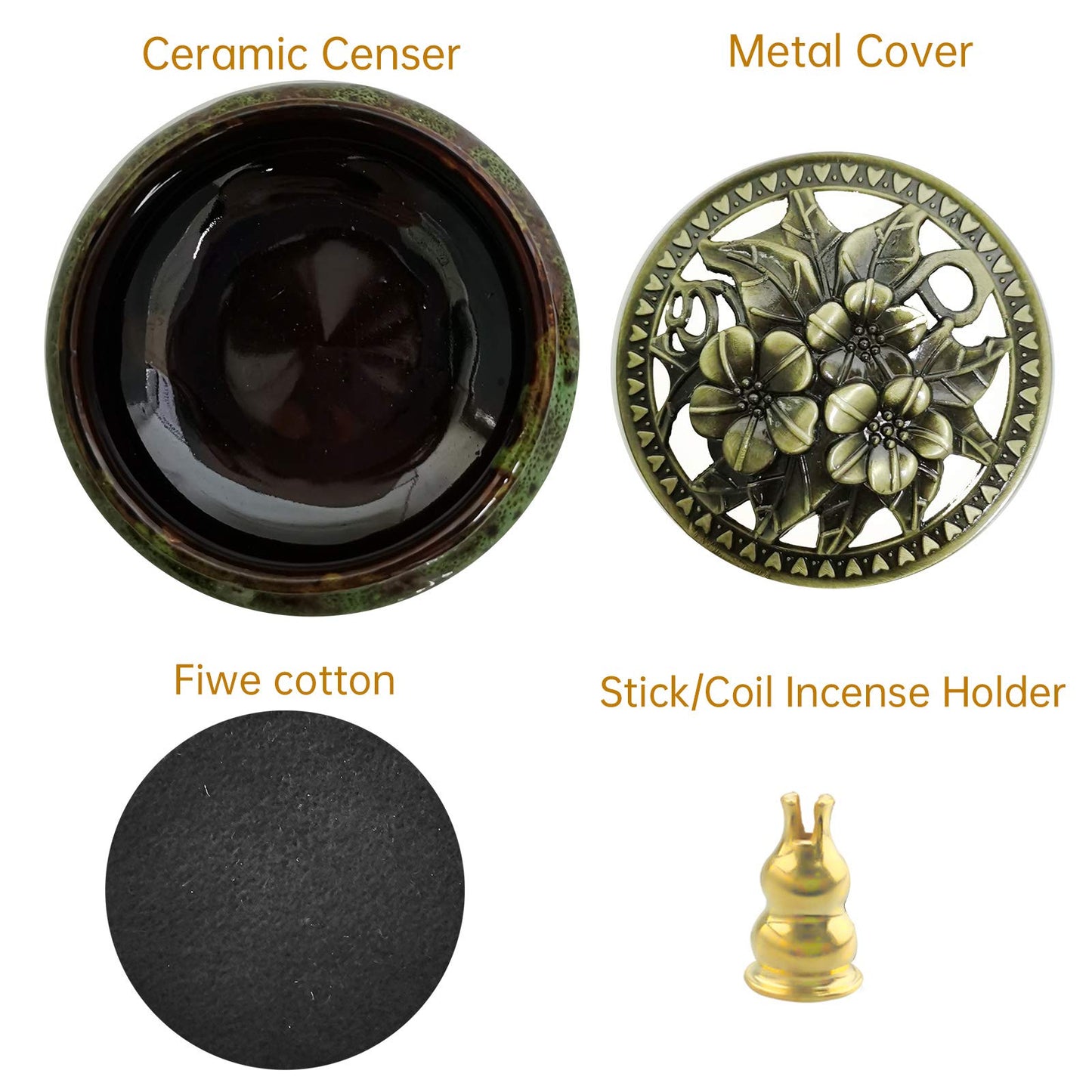 Ceramic Incense Burner with Calabash Incense Holder, 3 in 1 Stick or Cone Coil Incense Burner, Brass Lid for Yoga Spa Meditation