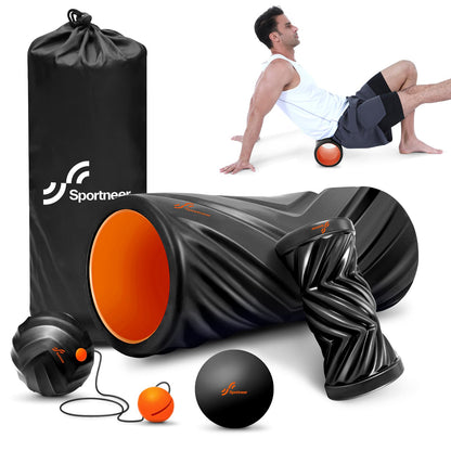 Sportneer 4 in 1 Foam Roller Set: Dual Textures Foam Roller, Foot Roller, Lacrosse Ball, Traction Massage Ball with String, Deep Massage Roller for Whole Body Release, Physical Therapy (Black)