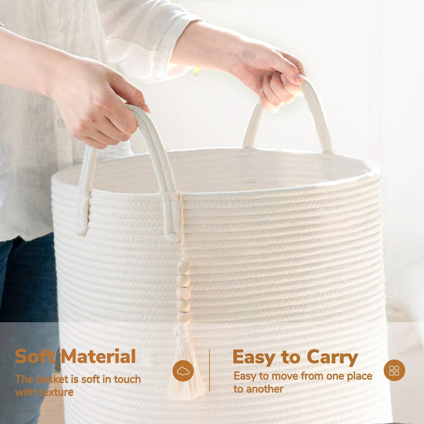 Goodpick White Laundry Basket with Handles, Tall Woven Laundry Hamper for Clothes, Towels, Pillows, Toys, Decorative Blanket Basket for Living Room, Bedroom, Playroom, 16 x 20 inches