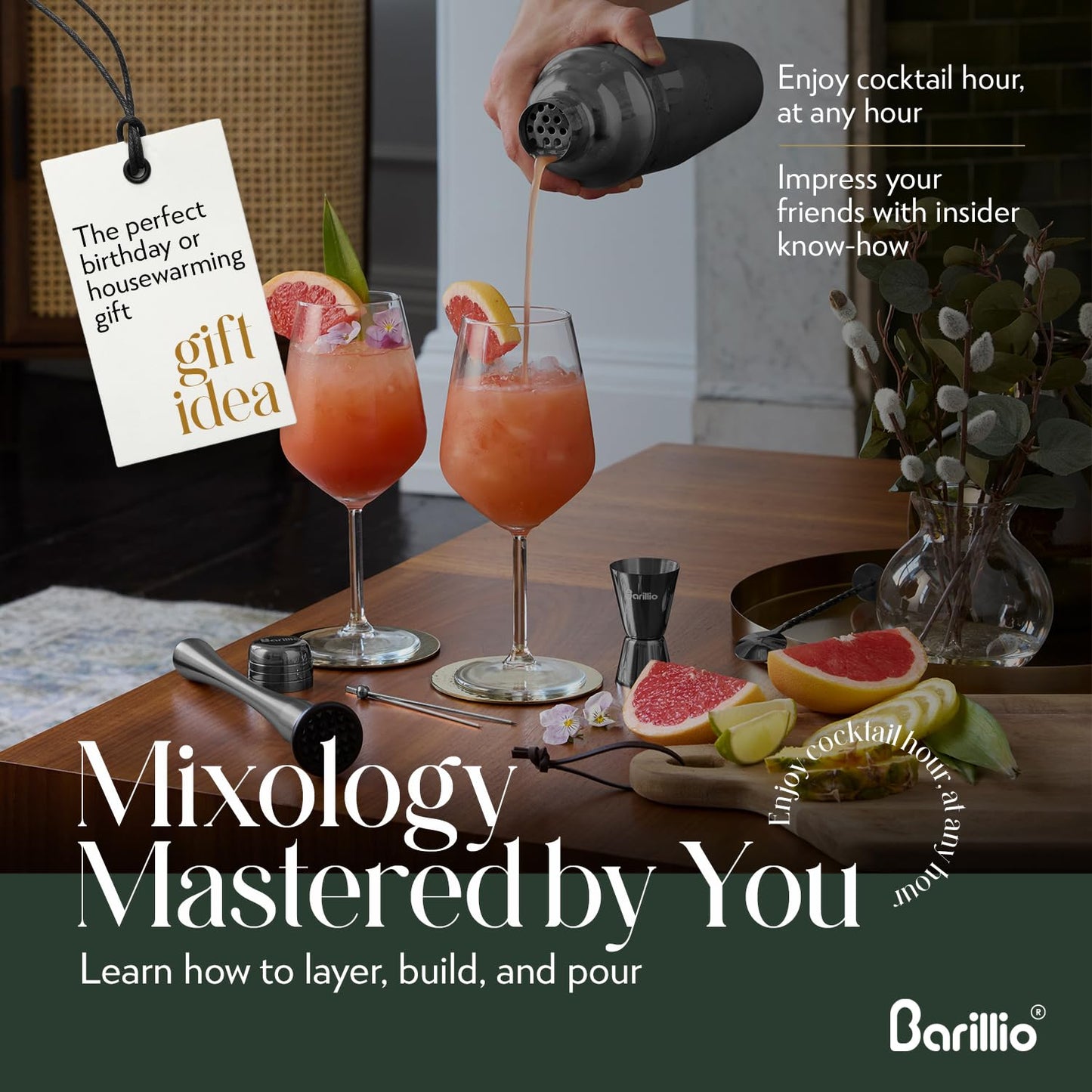 Barillio Black Mixology Bartender Kit - 8 pcs Stainless Steel Travel Cocktail Shaker Set with Bag - Bar Tools Set & Martini Shaker, Drink Mixer Spoon & Mojito Muddler for Cocktails, Pourers & Jigger
