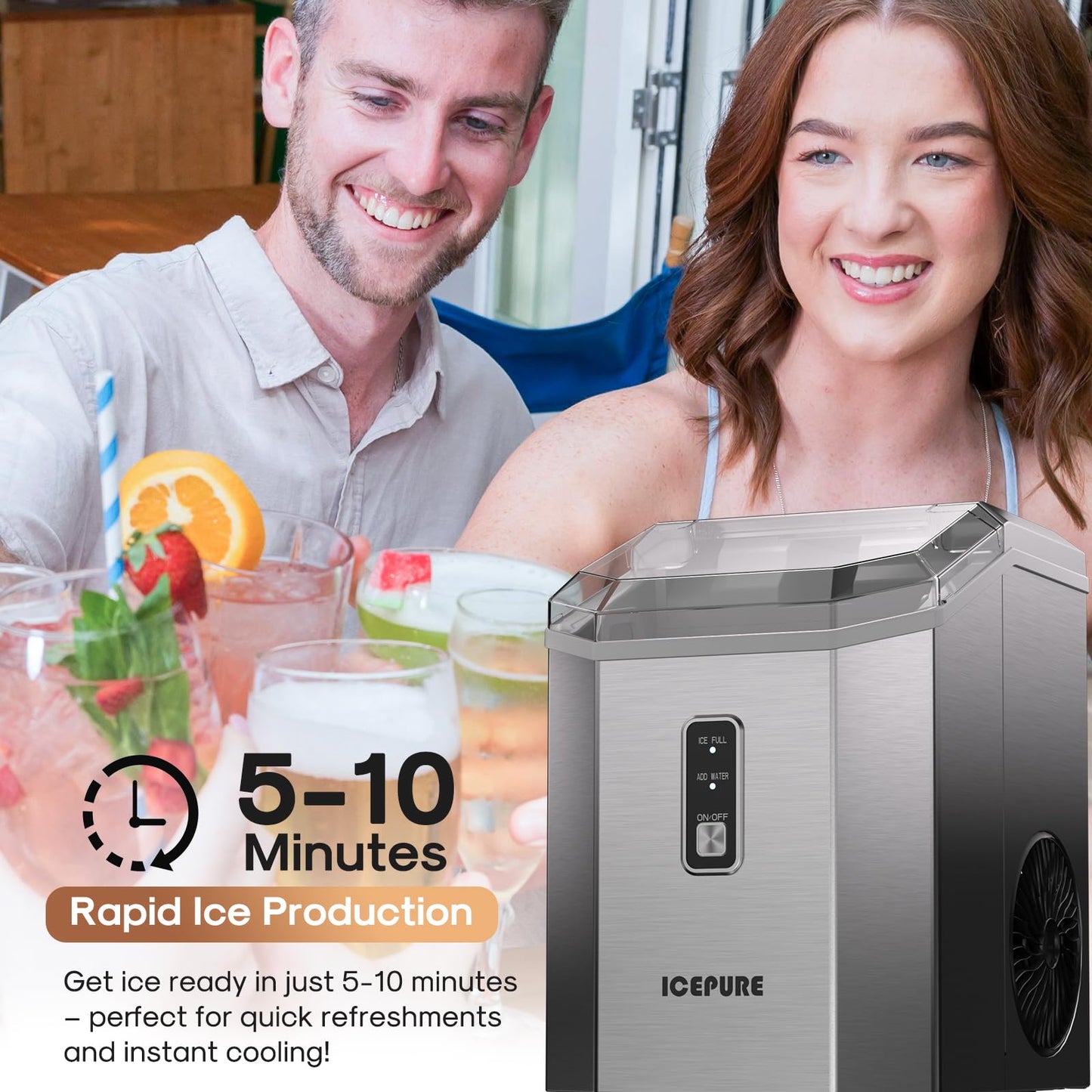 ICEPURE Nugget Ice Makers Countertop with App, Portable Ice Machine with WiFi, 33lbs in 24H, Ready in 5-10 Mins, Self Cleaning，Small Ice Maker with Basket Scoop, for Home/Party/RV(Stainless Steel)