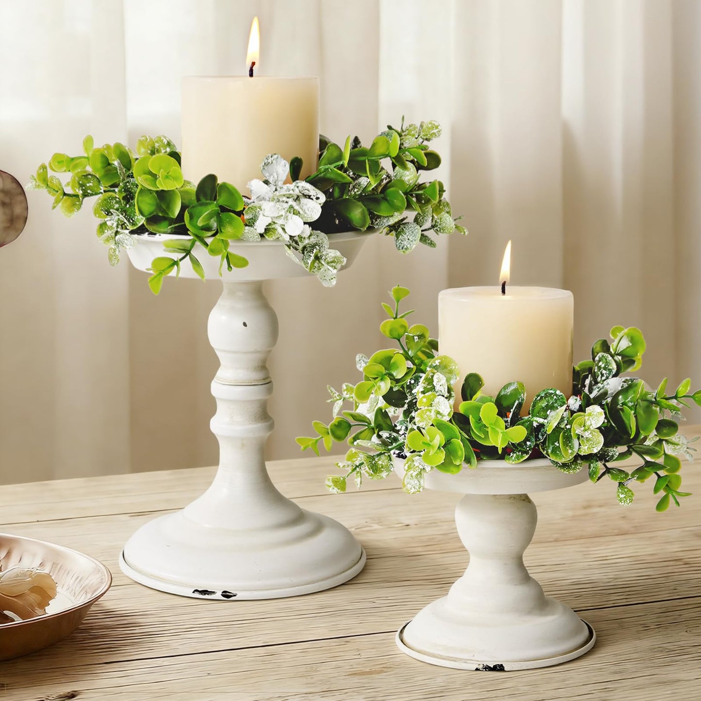 Rustic Iron Pillar Candle Holder: White Farmhouse Candle Holder with Greenery Wreaths Set of 2, Elegant Large Candle sticksholder Decor for Wedding, Coffee Table Centerpieces, Living Room, Home Decor