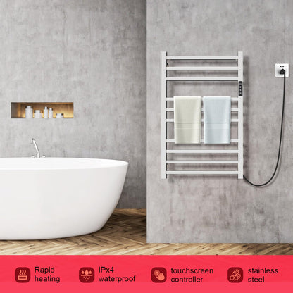 Towel Warmer,Stainless Steel Towel Warmer Rack for Bathroom -10 Bars Wall Mounted Towel Heater with Intelligent Touch Screen Timer, Hard Wired/Plug-in, Black