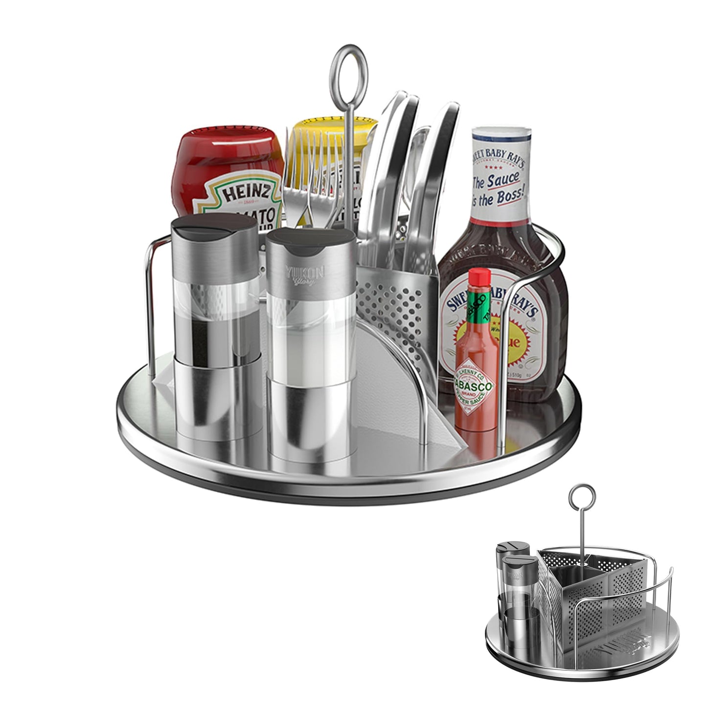 Yukon Glory Rotating Condiment Caddy | Commercial-Grade Stainless Steel | 360-Degree Rotation | 2 Glass Salt & Pepper Shakers | Carry Handle | Patent Pending | Outdoor Grill & Patio