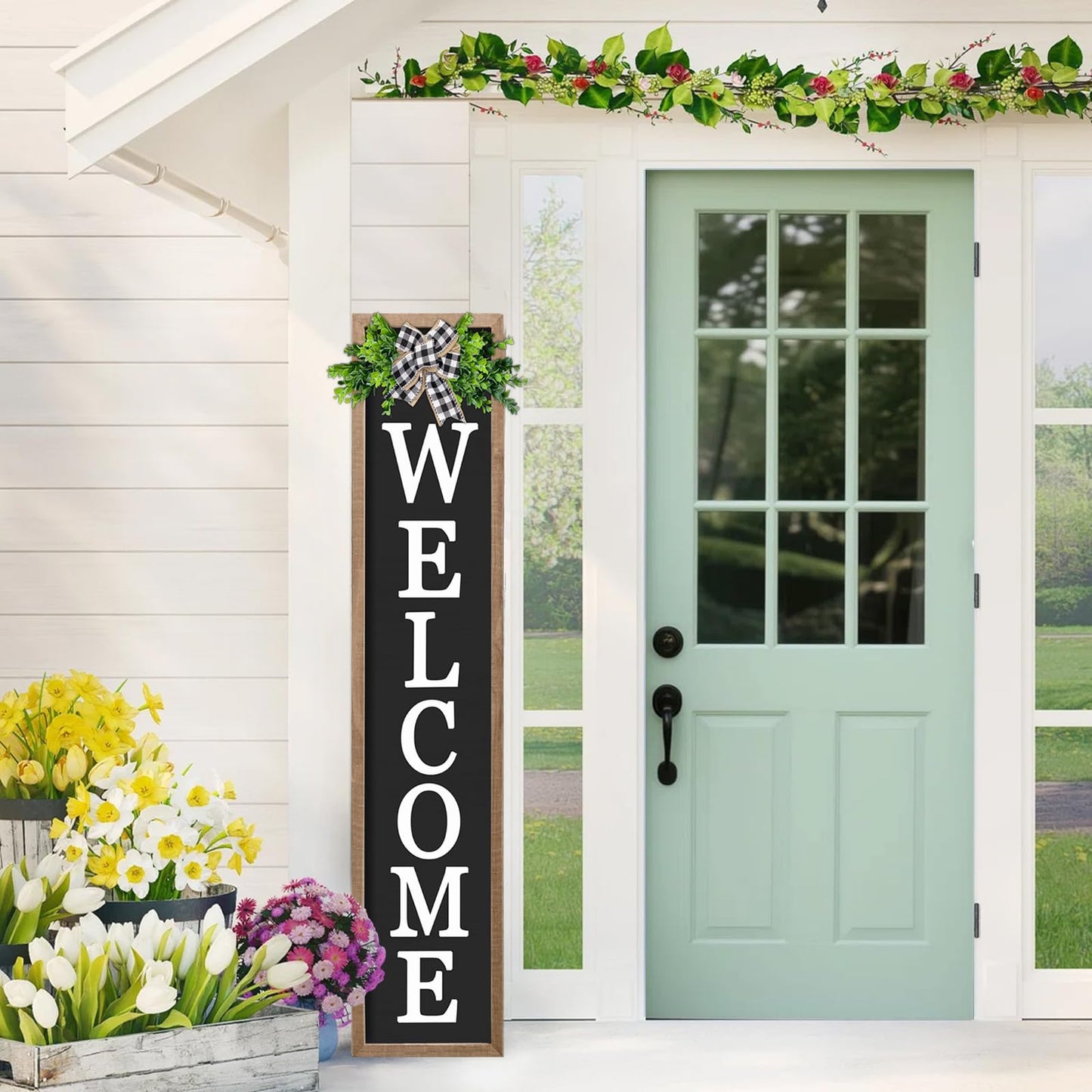 3D Outdoor Welcome Sign for Front Porch Standing 45"X9" Large Rustic Farmhouse Leaner Tall Vertical Soild Wooden Framed Plaque Modren Beautiful Outside Home Front Door Decorations (Wood Black)