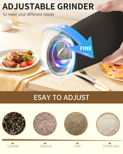 CIRCLE JOY Gravity Electric Salt and Pepper Grinder Set Rechargeable Salt and Pepper Shakers Automatic Mill Grinder with White LED Light, Adjustable Coarseness, Washable 135ml Container, Black