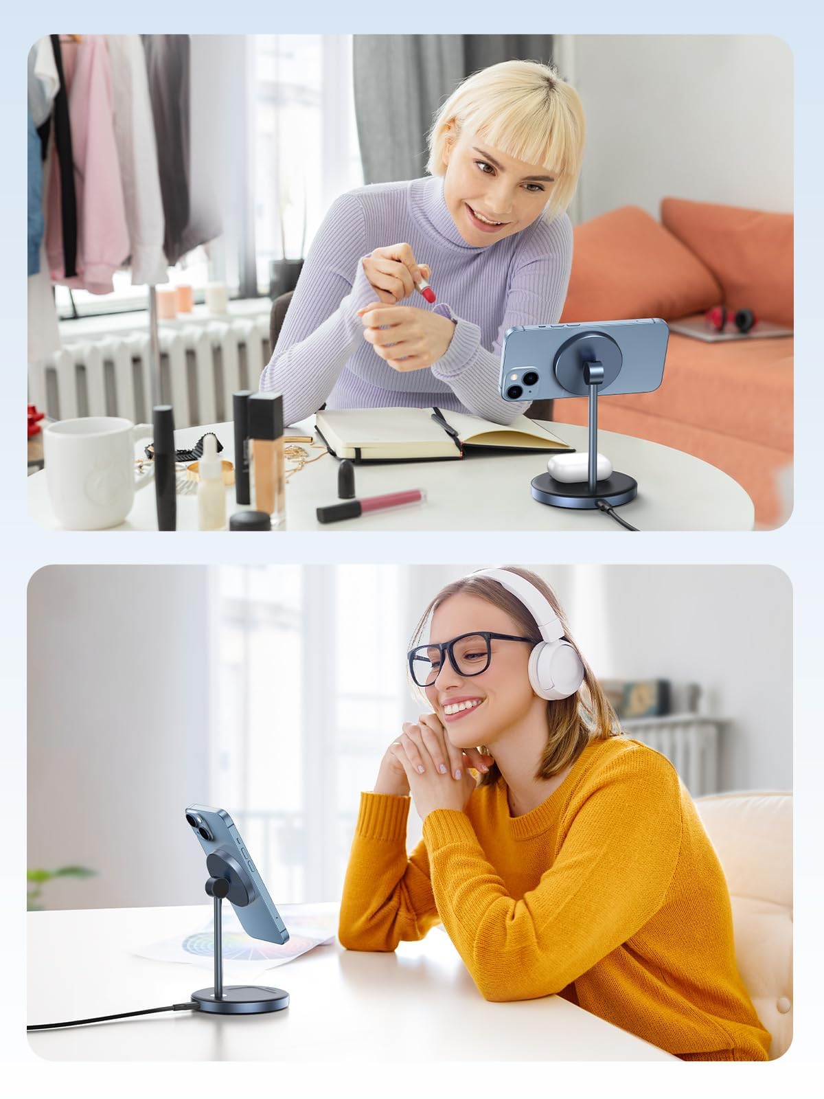 UGREEN MagFlow 2-in-1 Magnetic Wireless Charging Station, Fast Wireless Charger for iPhone 16 15 14 13 12 Series and AirPods, MagSafe Compatible Qi Charging Stand with 3 FT USB-C Cable (No AC Adapter)