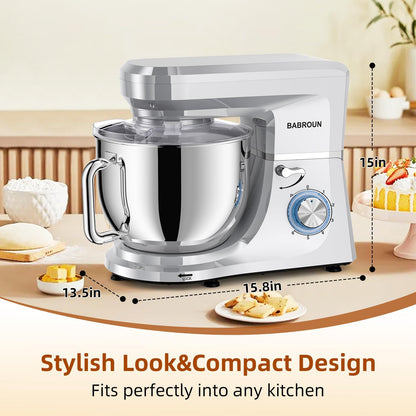 Babroun Dough Mixer 8.45 QT Electric Mixer - 660W 6 Speed Large Capacity Kitchen Stand Mixer with Whisk Dough Hook Mixing Beater Household Food Mixer for Baking Cakes Cookie Bread Salad(Silver)