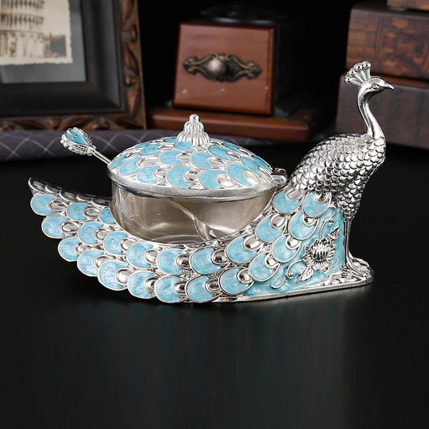 NOENNULL Sugar Bowl with Lid and Spoon Peacock Shaped Vintage Exquisite Embossed Sugar Container for Home Kitchen Coffee Bar Accessories