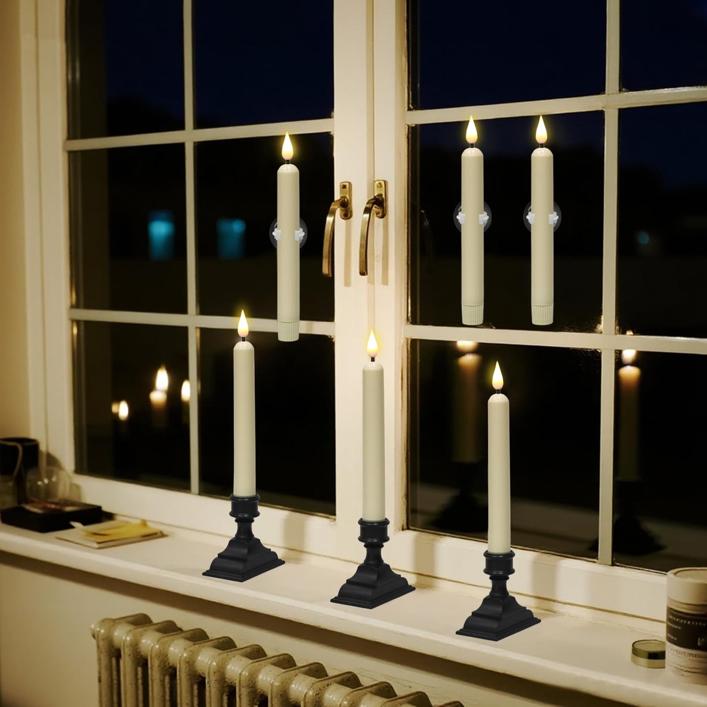 KunSwenn Window Candles with Sensor Dusk to Dawn, Christmas Battery Operated Window Candles with Black Holder and Suction Cup, LED Flameless Taper Candlesticks for Home Decorations (Ivory, Set of 6)