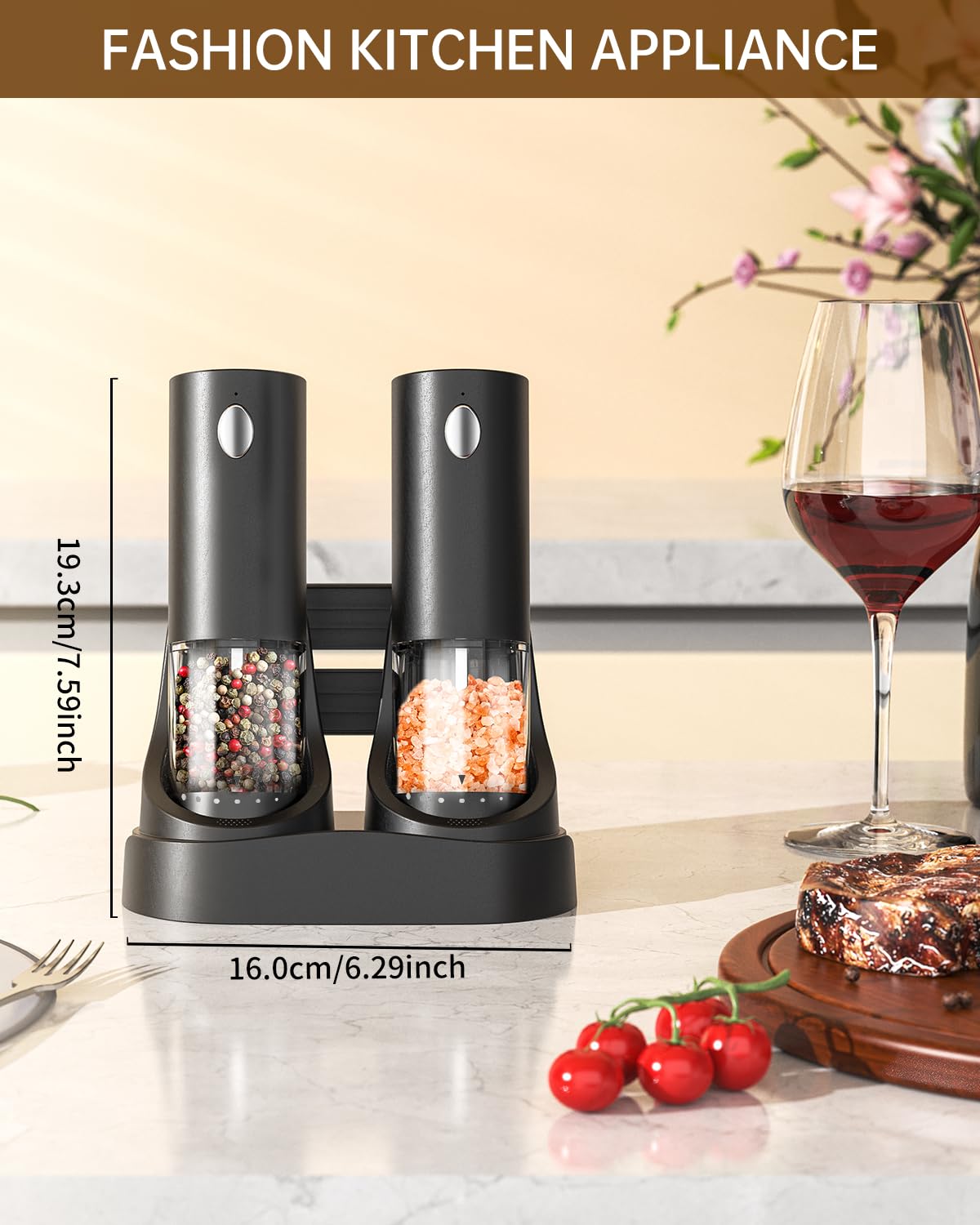 CIRCLE JOY Electric Salt and Pepper Grinder Set Rechargeable Pepper Mill Grinders with Charging Base, External Adjustable Coarseness, 95ml Container and White LED Light, Black