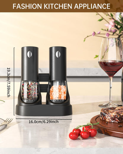 CIRCLE JOY Electric Salt and Pepper Grinder Set Rechargeable Pepper Mill Grinders with Charging Base, External Adjustable Coarseness, 95ml Container and White LED Light, Black