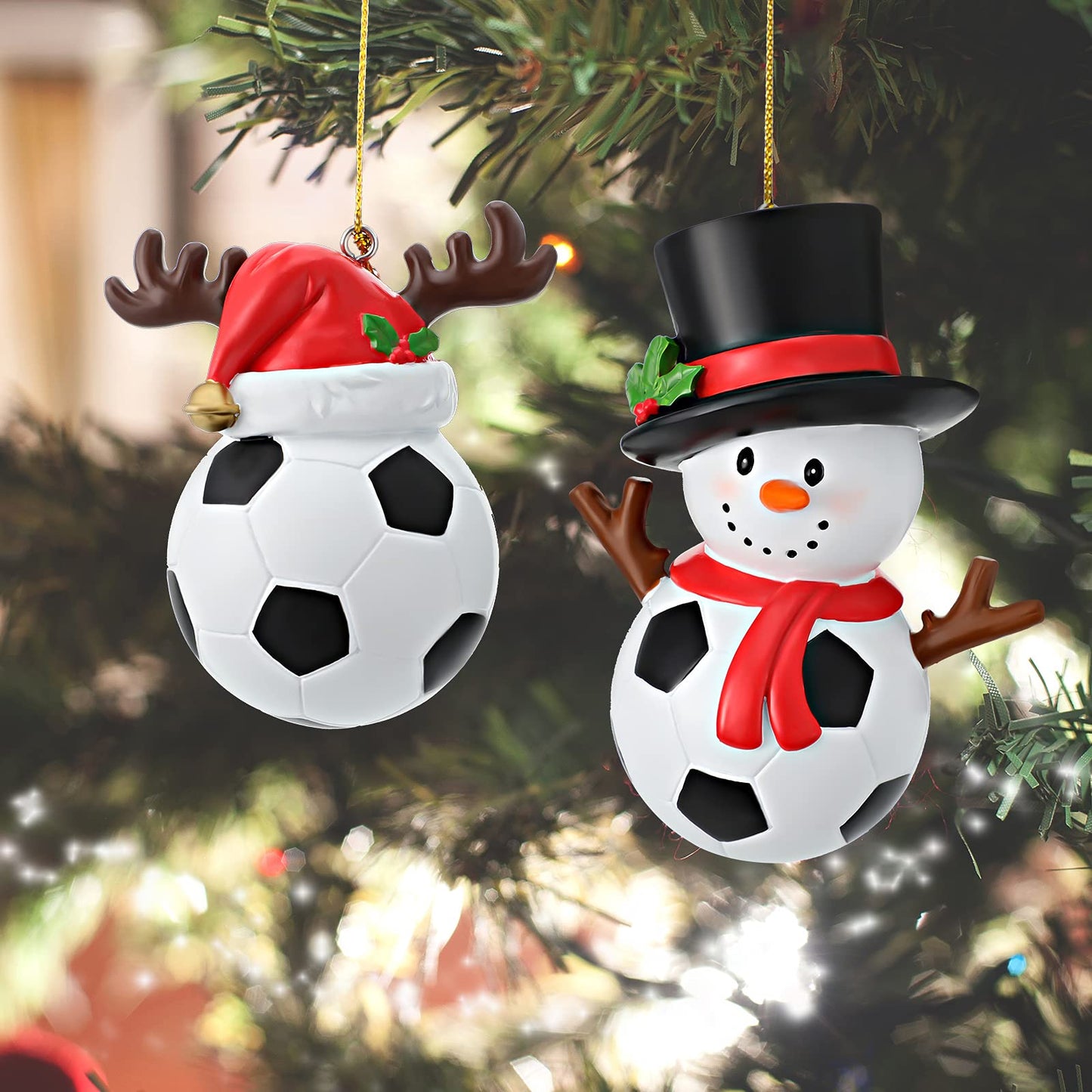 Jetec 2 Pieces Christmas Hat Soccer Ornament Snowman Hanging Ornament Xmas Reindeer Soccer Pendent Resin Snowman Decoration Christmas Tree Decoration for Fireplace Bedside Desks Shelf