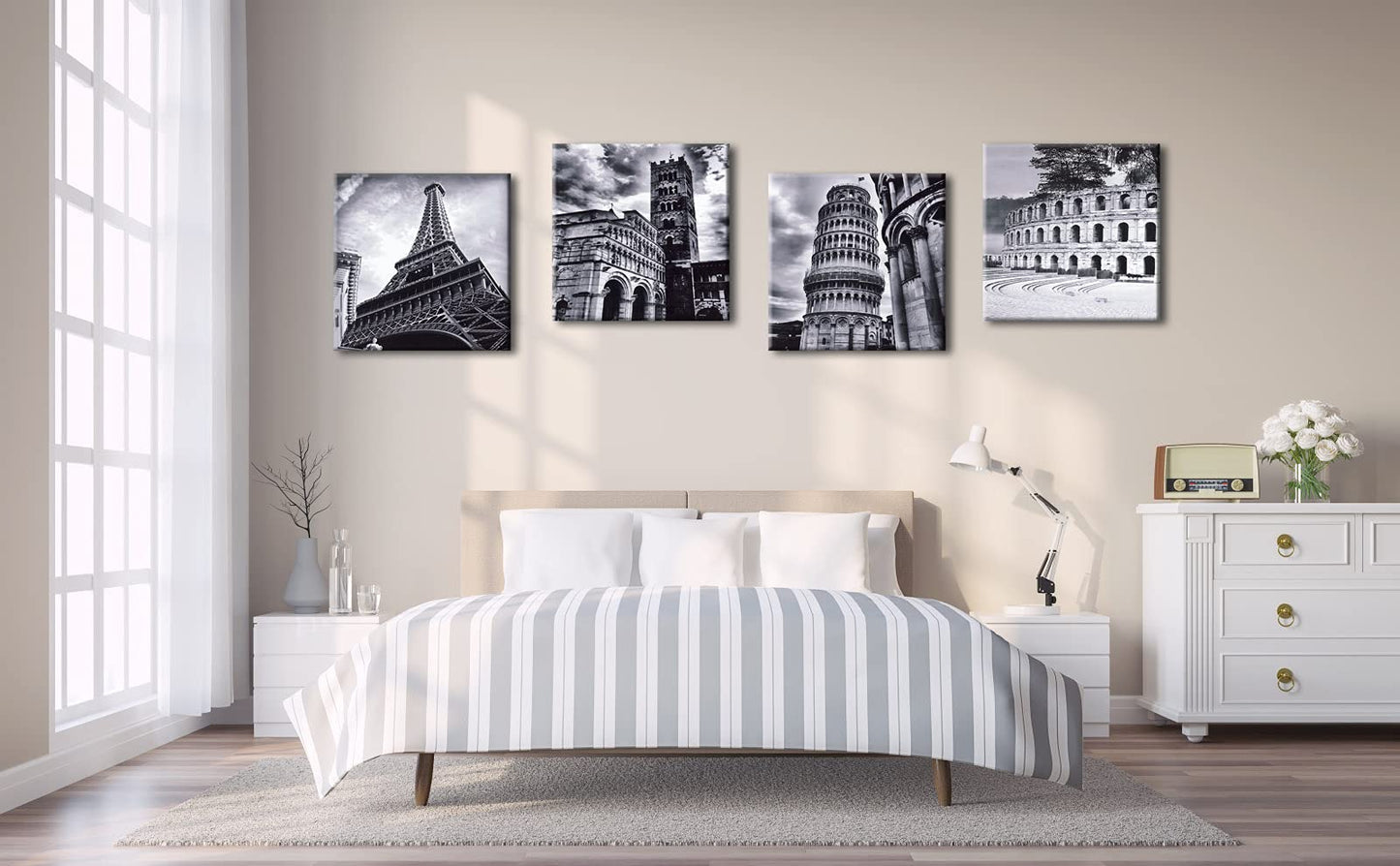 Wieco Art Architectures Modern 4 Panels Giclee Canvas Prints Europe Buildings Black and White Landscape Pictures Paintings on Canvas Wall Art Ready to Hang for Bedroom Home Office Decorations