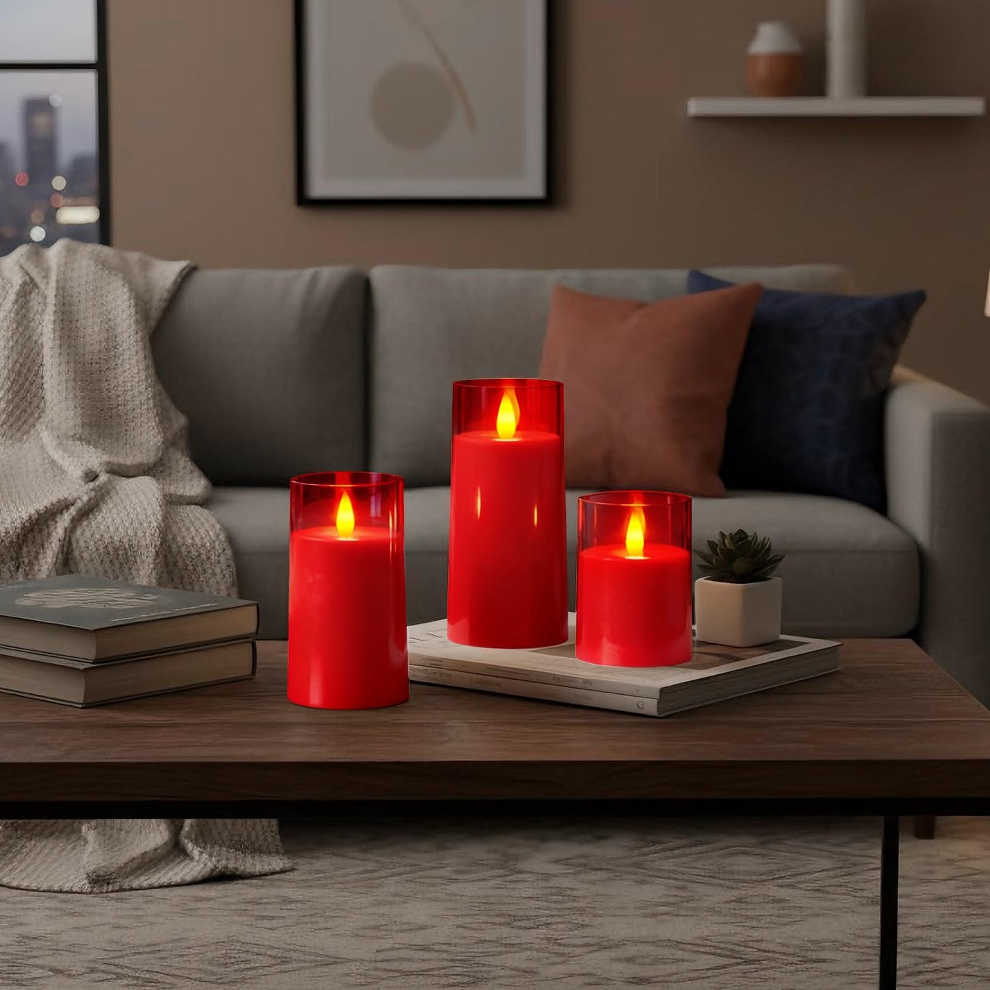 Raycare Independence Day Flameless Electronic Pillar Candles with Remote Timer- Battery Operated Realistic Flickering LED Fake Candle for 4th of July Patriotic Home Decor, Red,Set of 3(3"x4"5" 6")