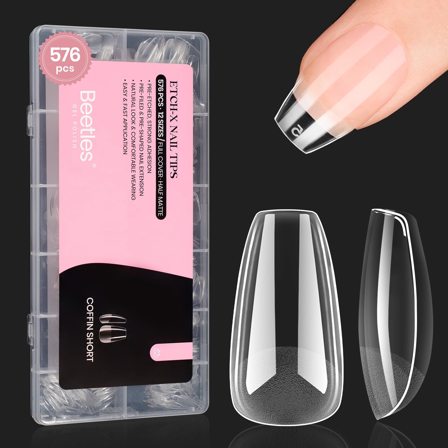 Beetles Gel Nail Kit Short Almond with Nail Dehydrator and Primer, 576Pcs Half Matte Etch-X Gel Nail Tips Solid Nail Glue Mini Nail Lamp Acrylic Nail Tips Easy DIY Nail Extension Set Gift for Women