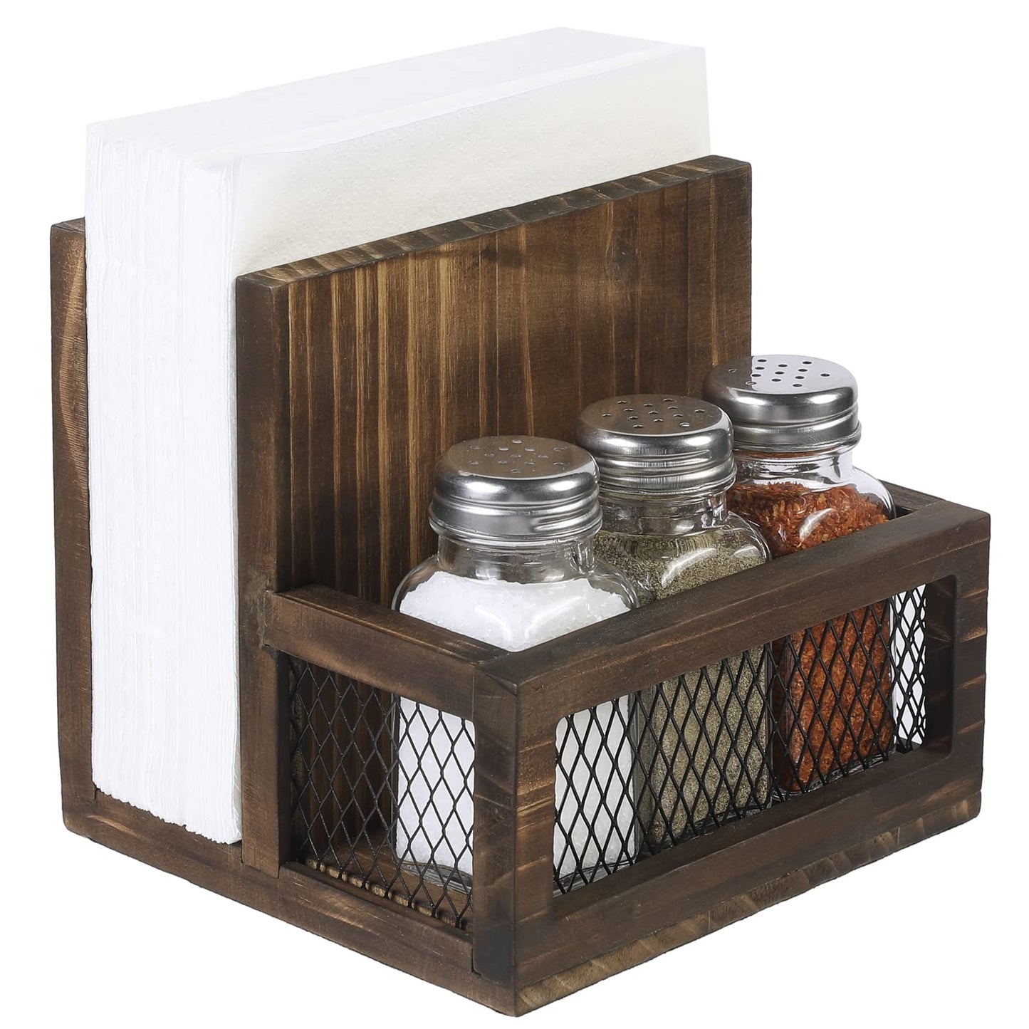 FARM IN Napkin Holder, Farmhouse Multifunctional Napkin Holder with Salt and Pepper Shakers Holder for Home Kitchen Table Centerpiece and Commercial, Rustic Solid Burnt Wood & Diamond Metal Wire Mesh
