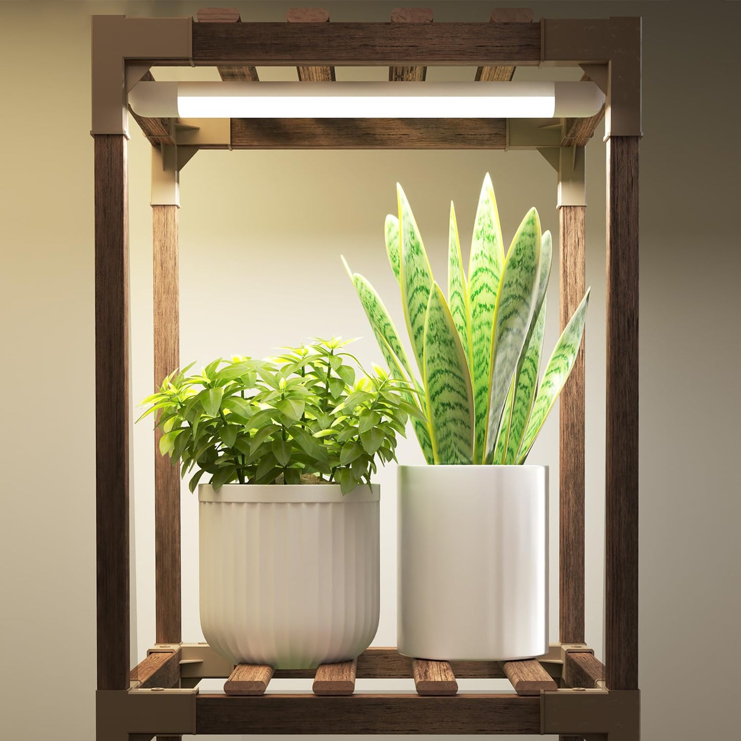 HOMKIRT Plant Stand with Grow Light, Lighted Plant Shelf Indoor for Multiple Plants, Wood Tall Plant Rack with Grow Lights Flower Stand for Corner, Living Room, Patio, Garden