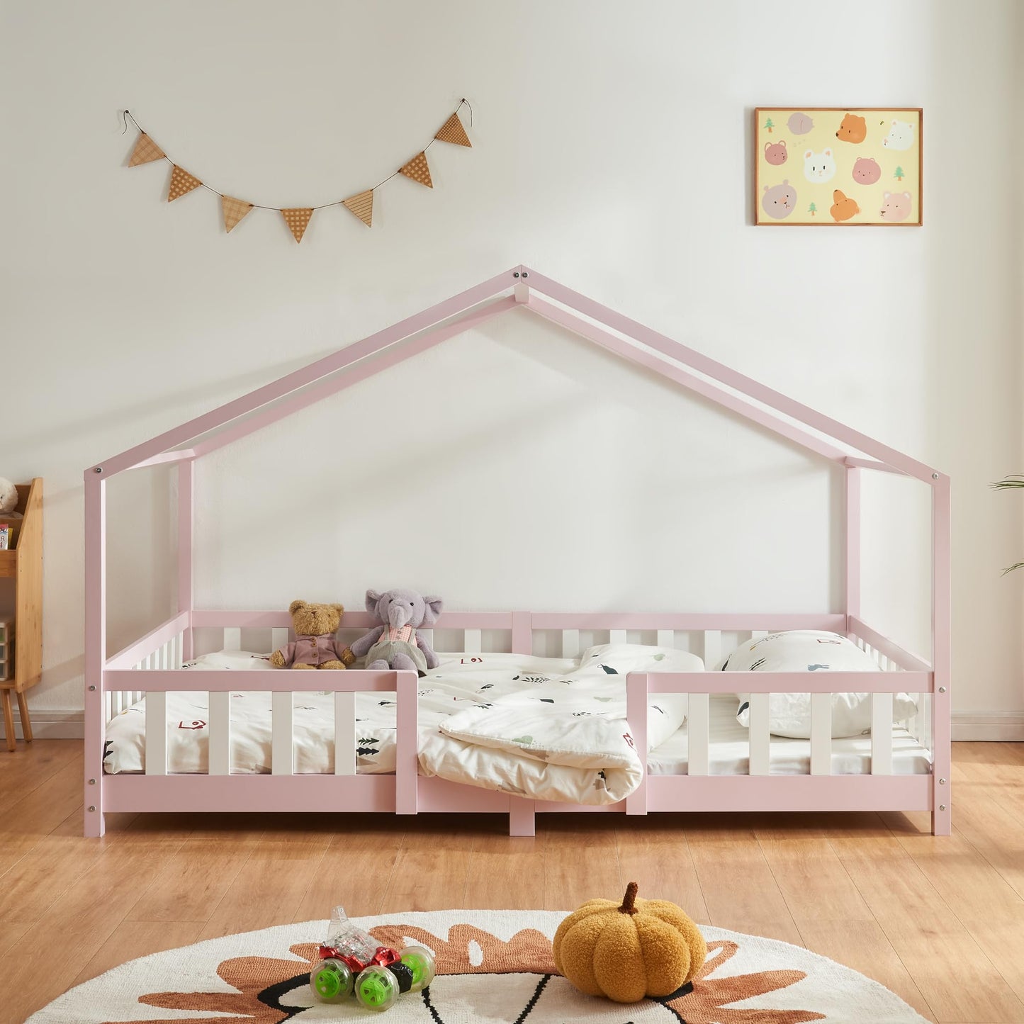 [en.casa] Children's bed Treviolo House bed 140 x 200 cm wooden bed for children with fall-out protection bed frame with slatted frame pine wood pink