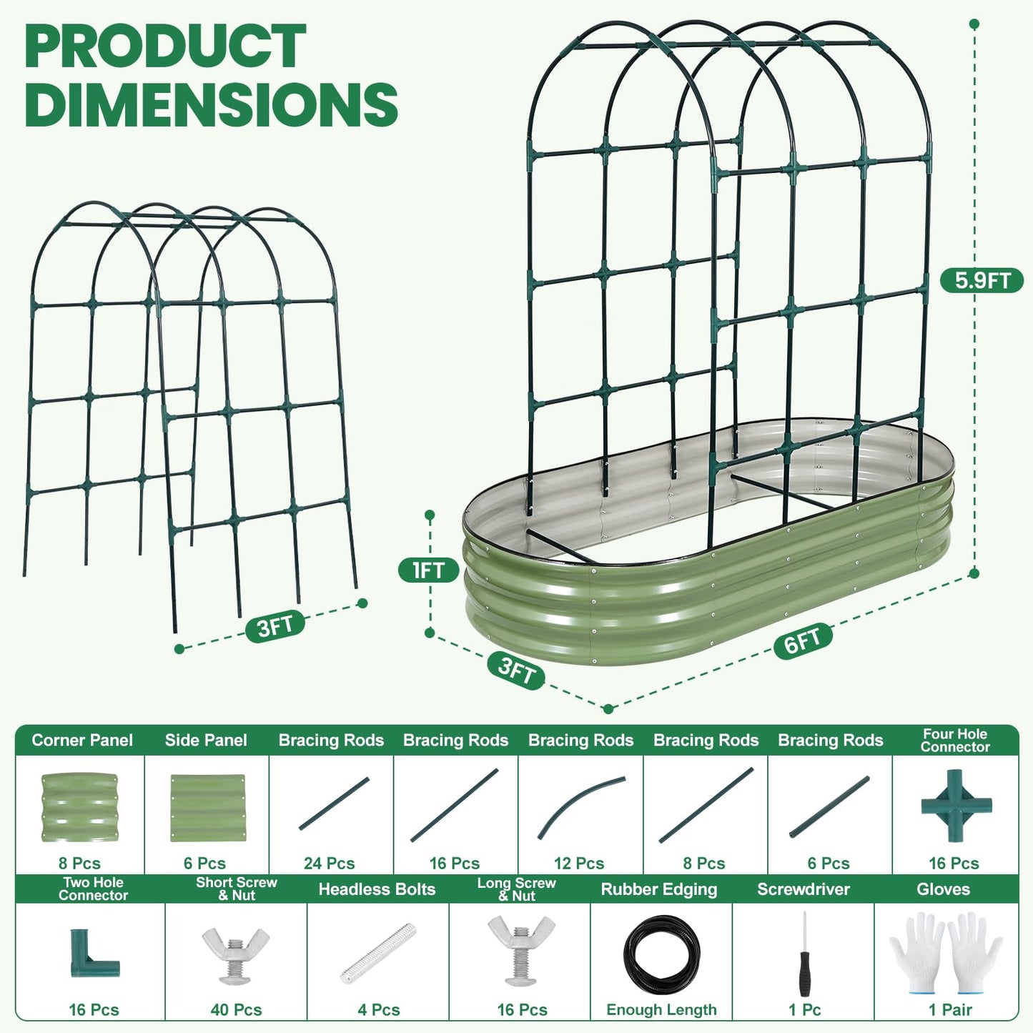 VIREO GARDEN Galvanized Raised Garden Bed with Arched Trellis | 6x3x1FT Metal Raised Garden Beds Outdoor for Gardening Climbing Plant | Planter Box Outdoor with Gloves for Vegetable Flower, OliveGreen