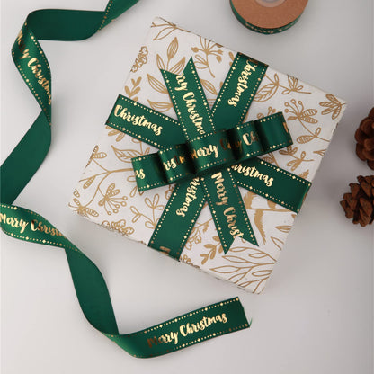 Meseey Merry Christmas Ribbon 10 Yards 1Inch Wide White Satin Ribbons with Gold Printed Gift Ribbon for Craft Packing, Gift Wrapping, DIY Craft, Christmas Party Supplies