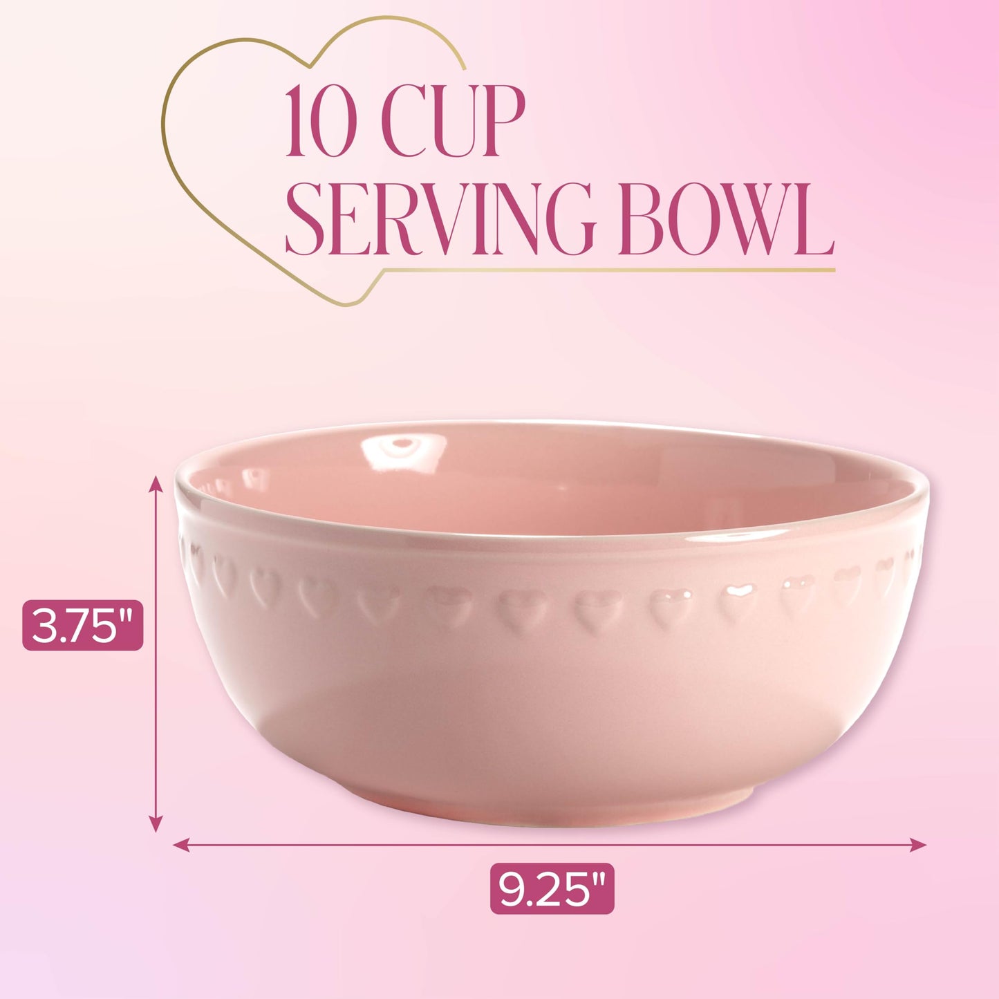 Paris Hilton Ceramic Serving Bowl, Iconic Stoneware with Heart Detailing, Microwave & Dishwasher Safe, 10-Cup Capacity, 9.25 Inch Diameter, Pink