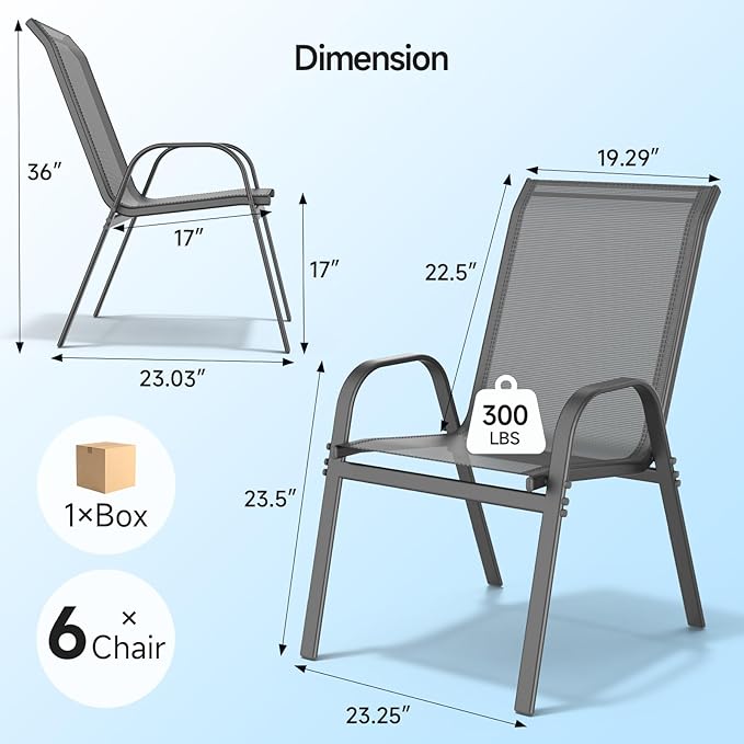 ONBRILL Patio Chairs set of 6, Easy Assembly Stackable Outdoor Dining Chairs with Wide Seat and Sturdy Metal Frame, Breathable All Weather Textilene Outdoor Chairs Set of 6 for Deck, Pool, Porch, Grey